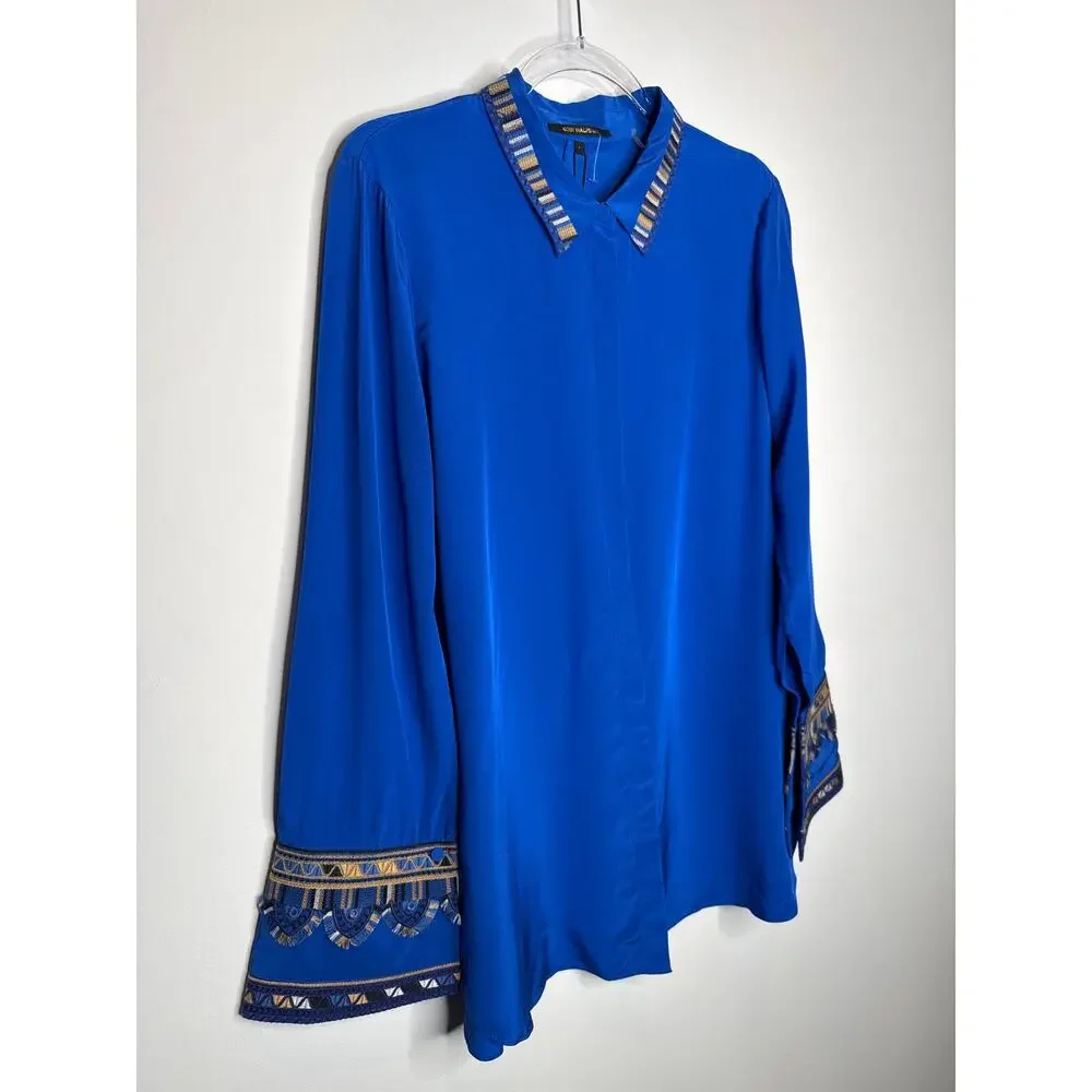 2010s Kobi Halperin Silk Azure Embroidered Blue Blouse Large NWT